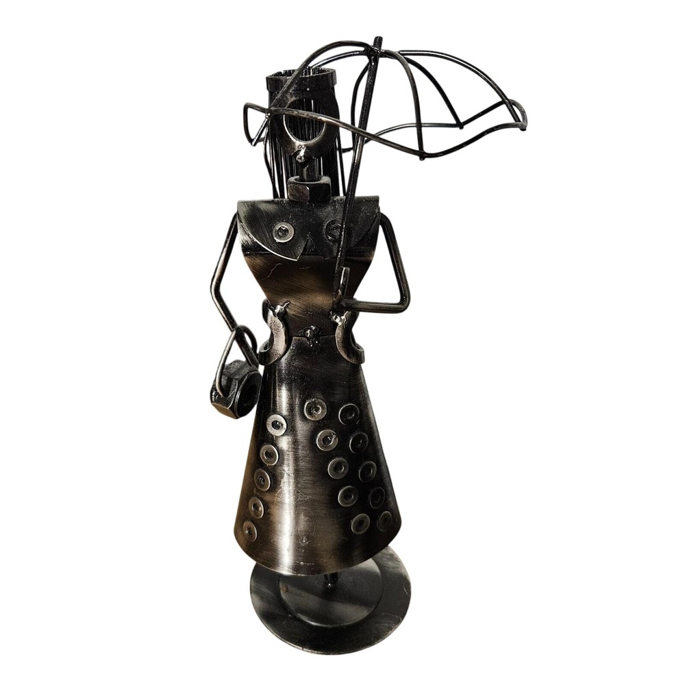 Metal Lady Sculpture with Umbrella Decorative Figurine Home Decor Art